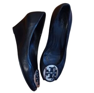 Tory Burch Sally 2 Tumbled Black Leather Peep Toe Wedge Heels